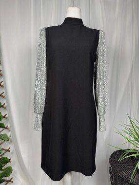 Elegant Black Midi Dress with Silver Sequin Long Sleeves